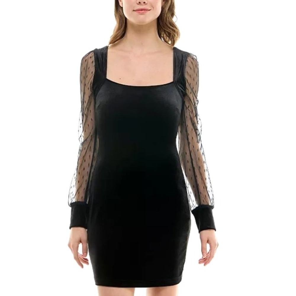 Little Black Dress Velvet Sheer Lace Mini Dress Sz XS Long Sleeve Goth Vamp Y2K